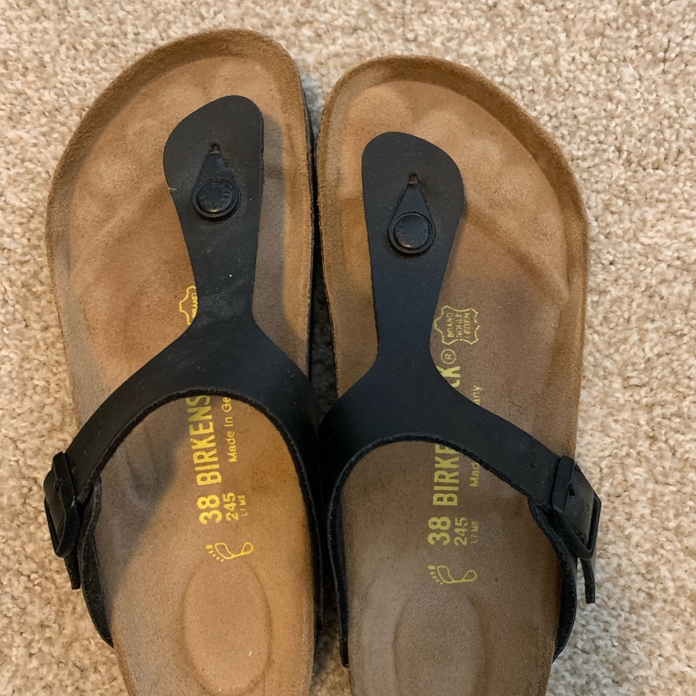 Black Leather Gizeh Birkenstocks (Barely Worn)